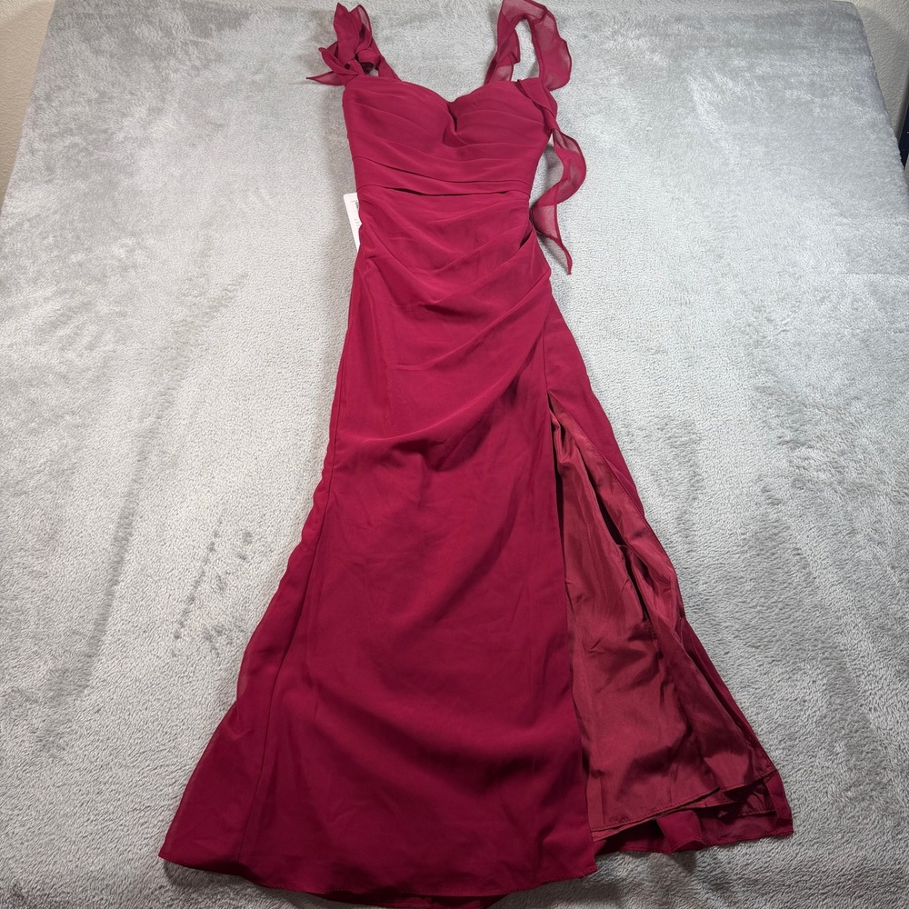 Barbie x Azazie Gown Women Custom Burgundy Ruffle Lace Up Slit 1002